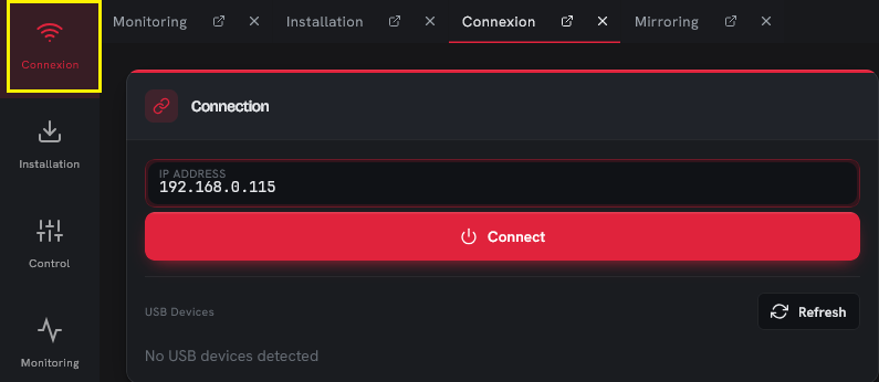 Saisie de l’adresse IP du Player et bouton Connect