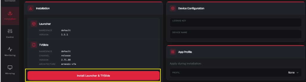 Bouton Install Launcher et TVSlide