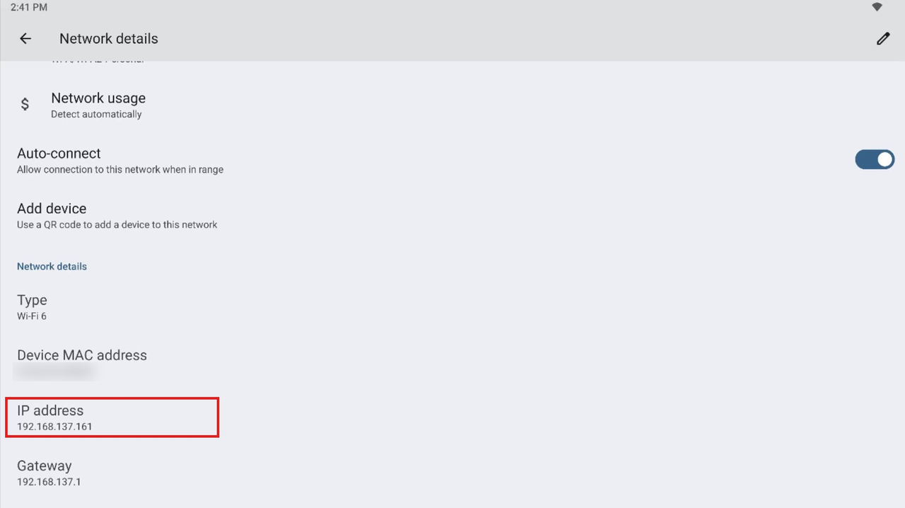 Adresse IP Wi-Fi dans Network details