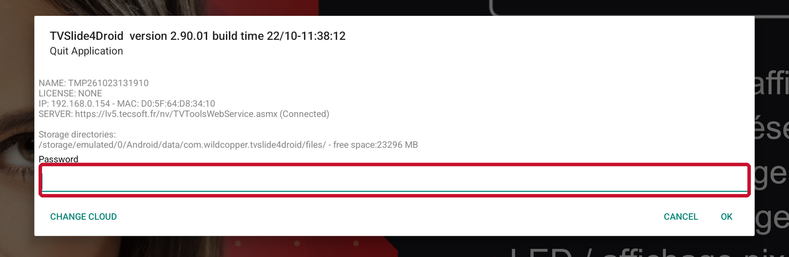 Fenêtre de sortie de TVSlide4Droid sur le Player QR1