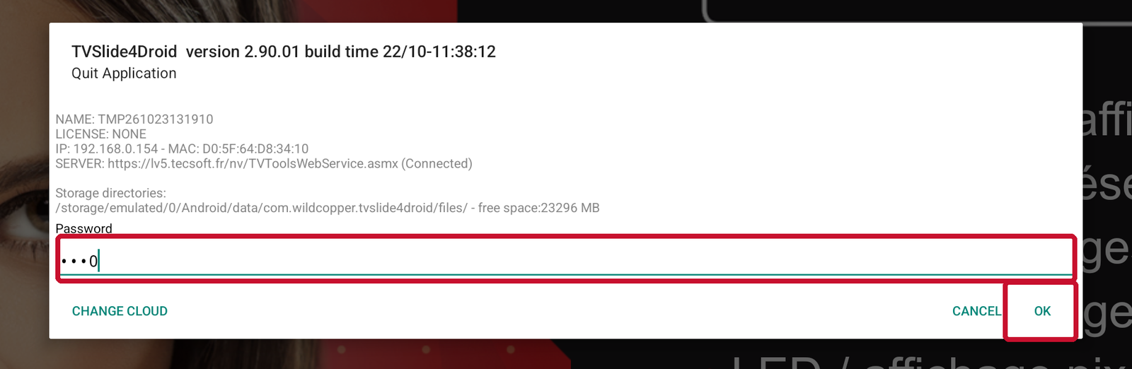 Saisie du mot de passe 0000 puis bouton OK