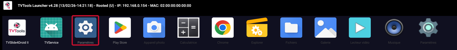 Icône Paramètres dans le lanceur TVTools