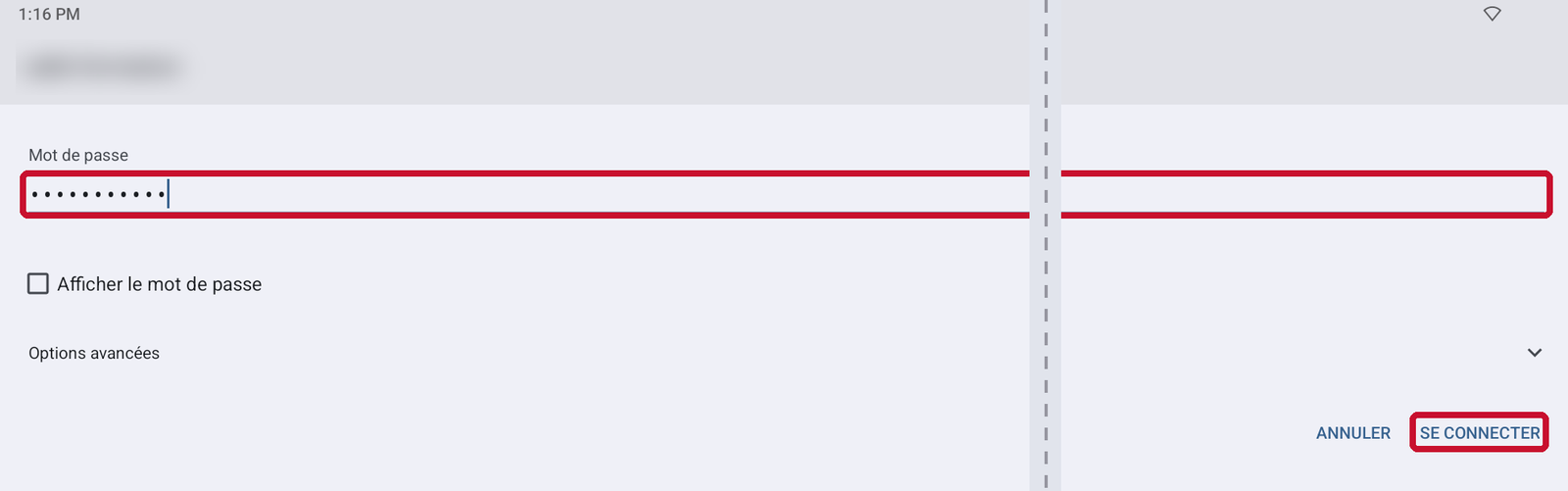 Saisie de la clé Wi-Fi puis bouton SE CONNECTER